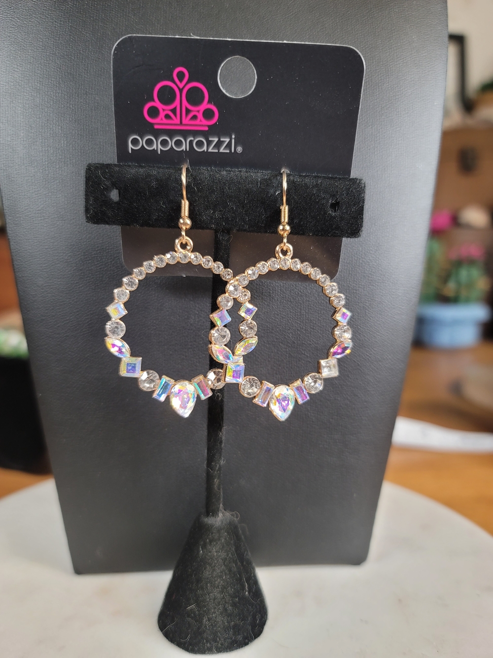 Paparazzi Gold Hoop Earrings with Iridescent Crystals